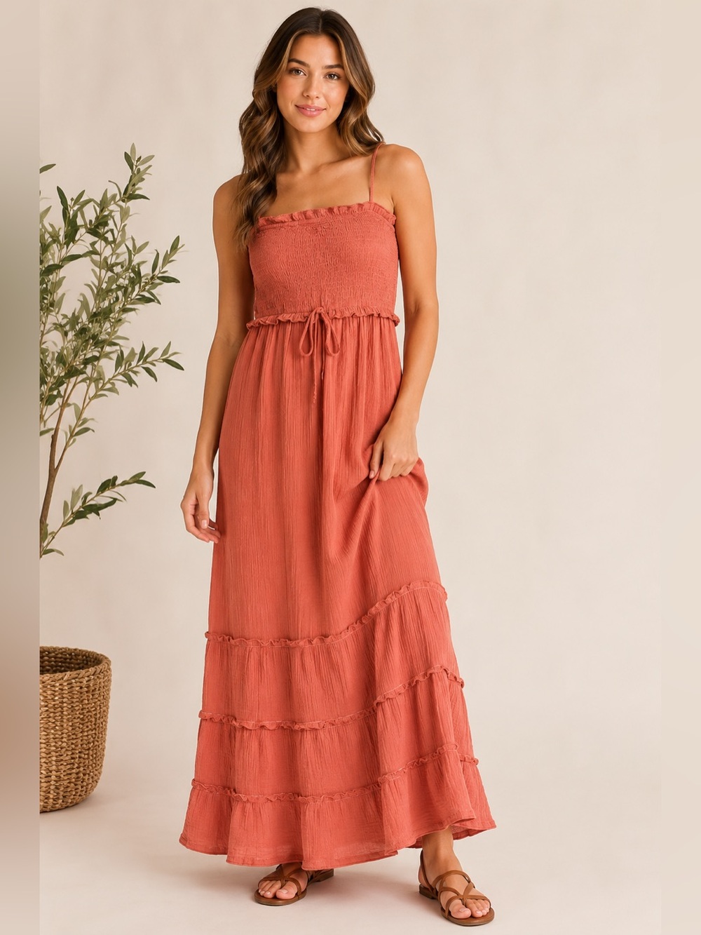 Sim & Sam Mauve Smocked Ruffle Tiered Maxi Dress XS NWT
